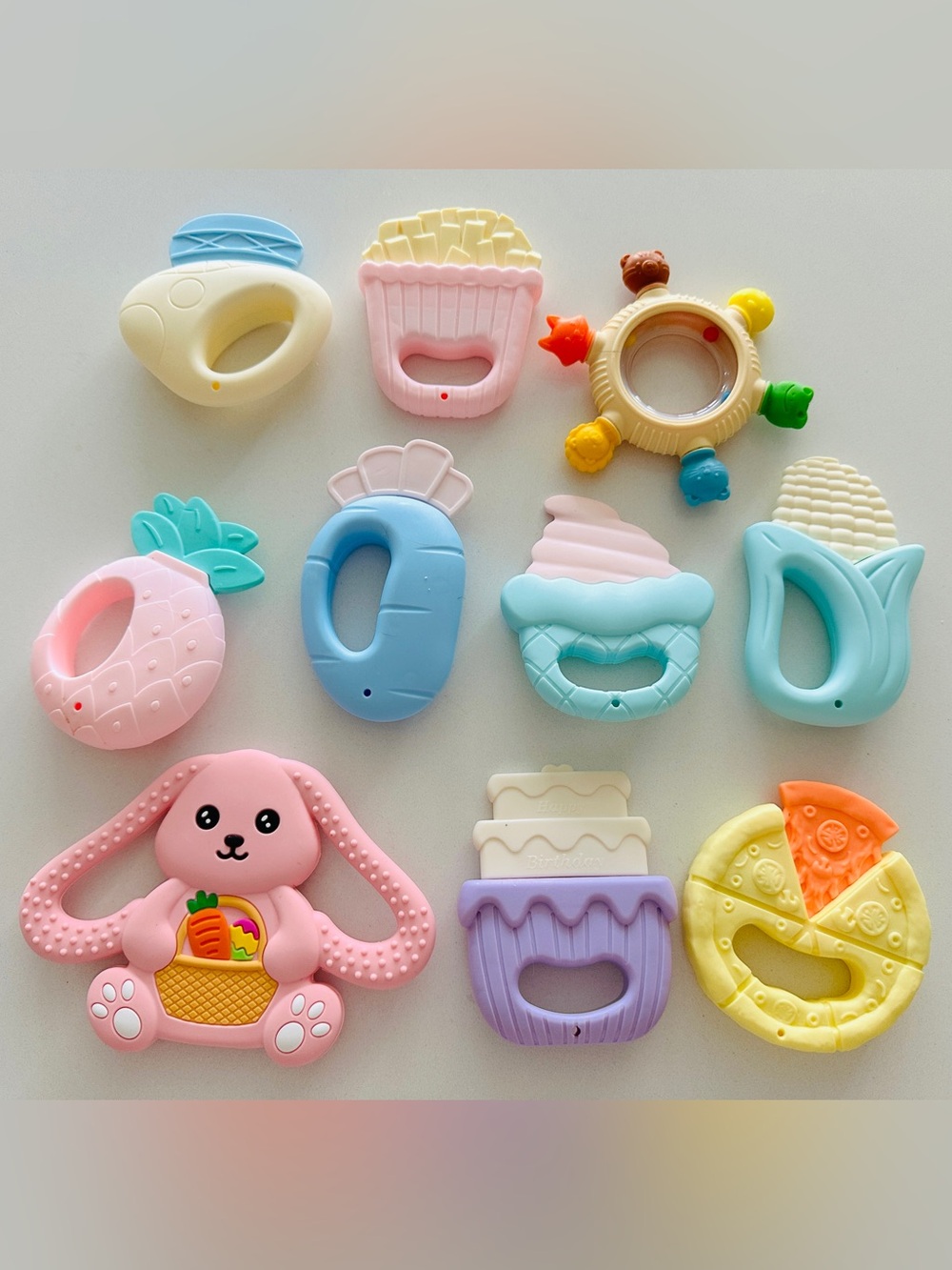 Set of 10 Baby Silicone Teething Toy Set Pastel Multi-Color rattles noise makers